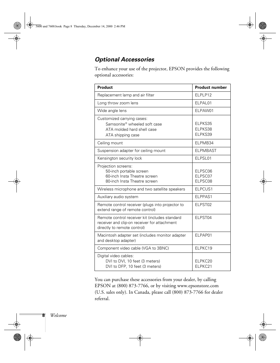 Optional accessories | Epson 5600p User Manual | Page 14 / 114