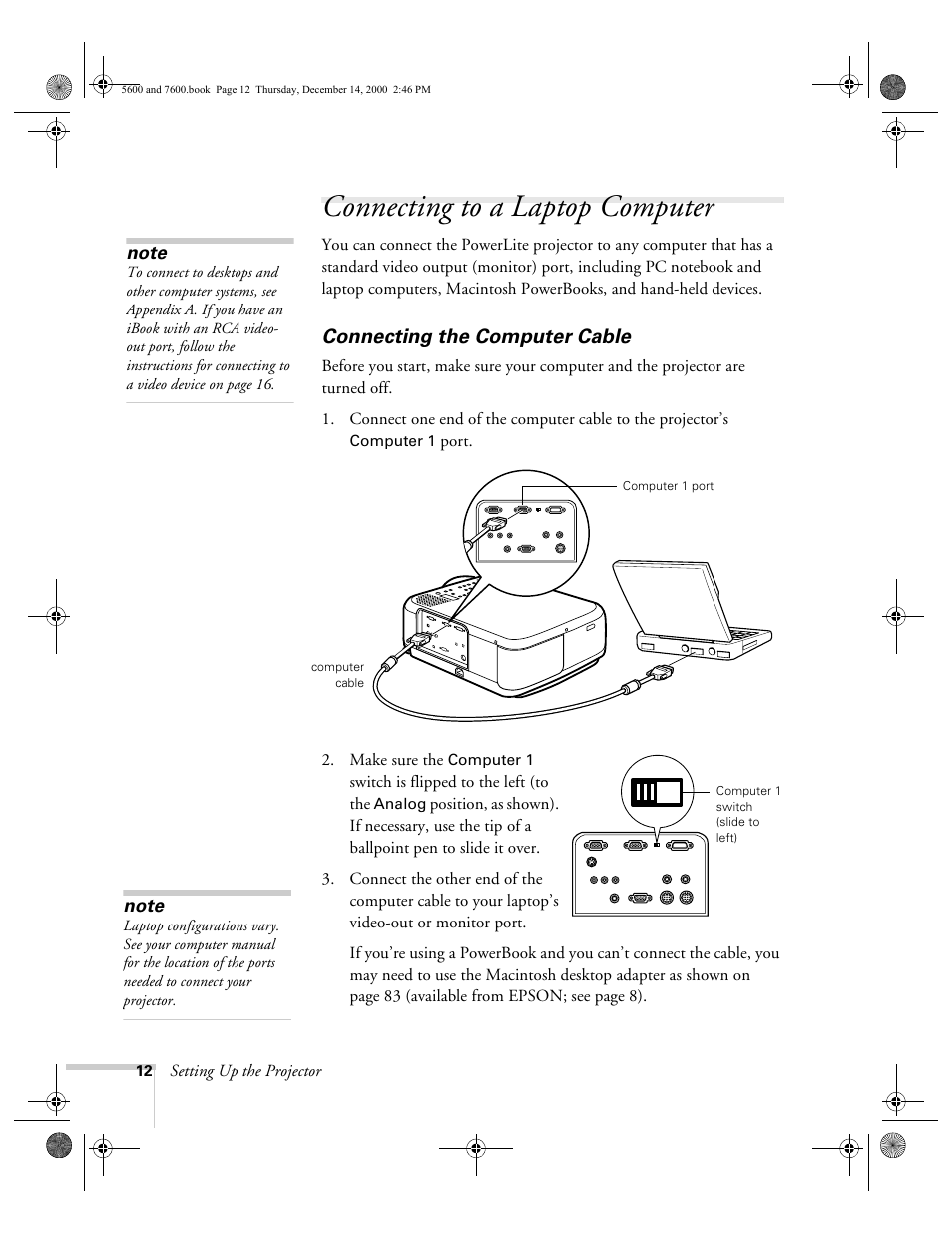 Connecting to a laptop computer, Connecting the computer cable | Epson 5600p User Manual | Page 18 / 114