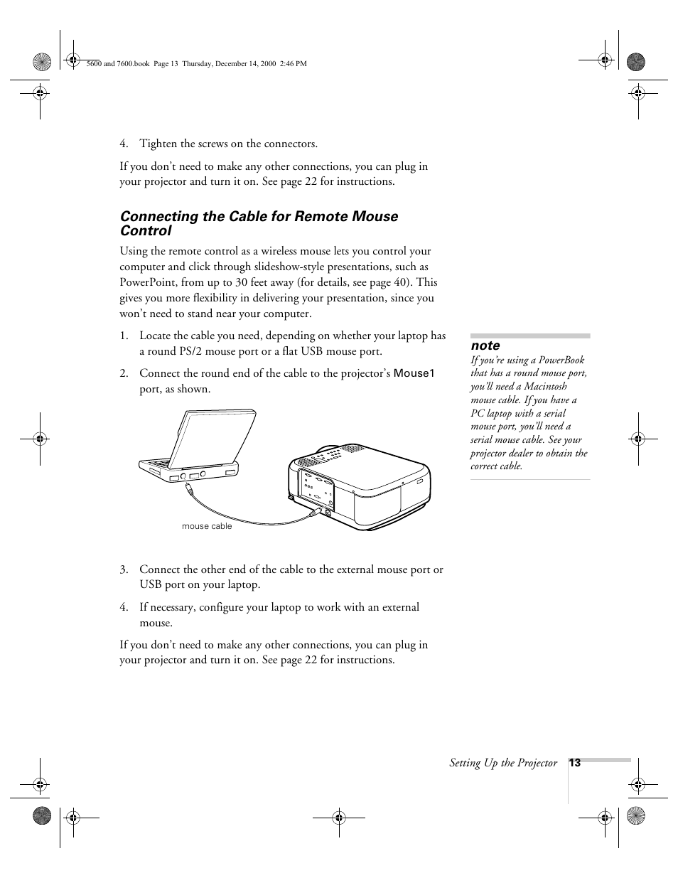 Connecting the cable for remote mouse control | Epson 5600p User Manual | Page 19 / 114