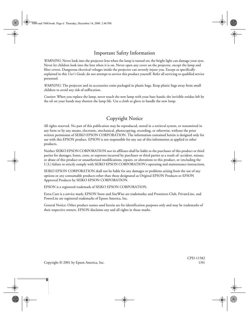 Important safety information, Copyright notice | Epson 5600p User Manual | Page 2 / 114