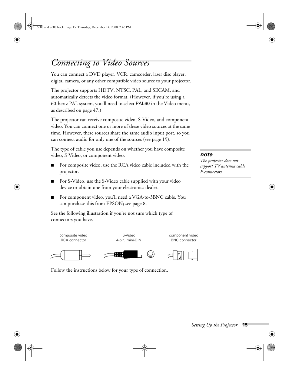 Connecting to video sources | Epson 5600p User Manual | Page 21 / 114