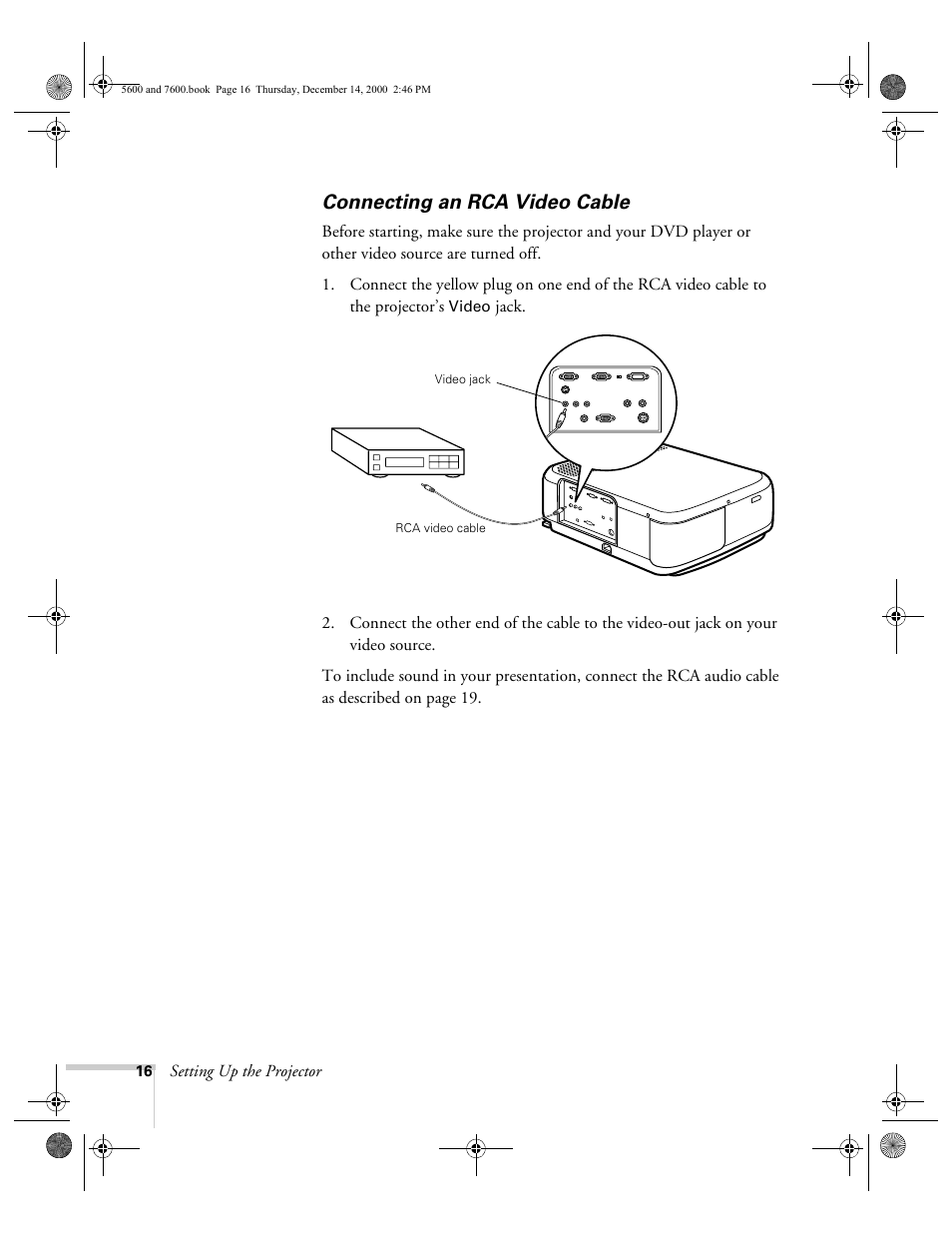 Connecting an rca video cable | Epson 5600p User Manual | Page 22 / 114