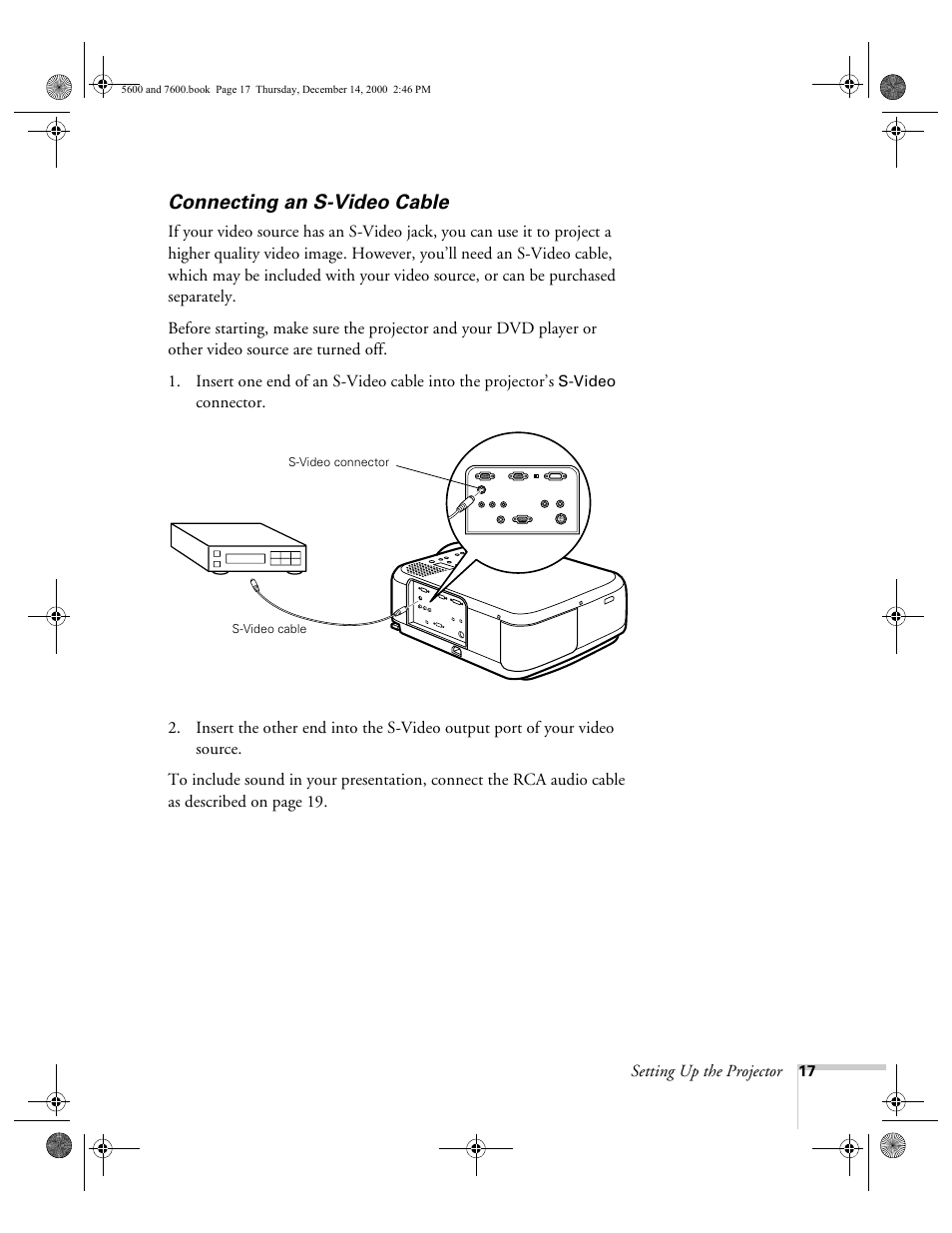 Connecting an s-video cable | Epson 5600p User Manual | Page 23 / 114