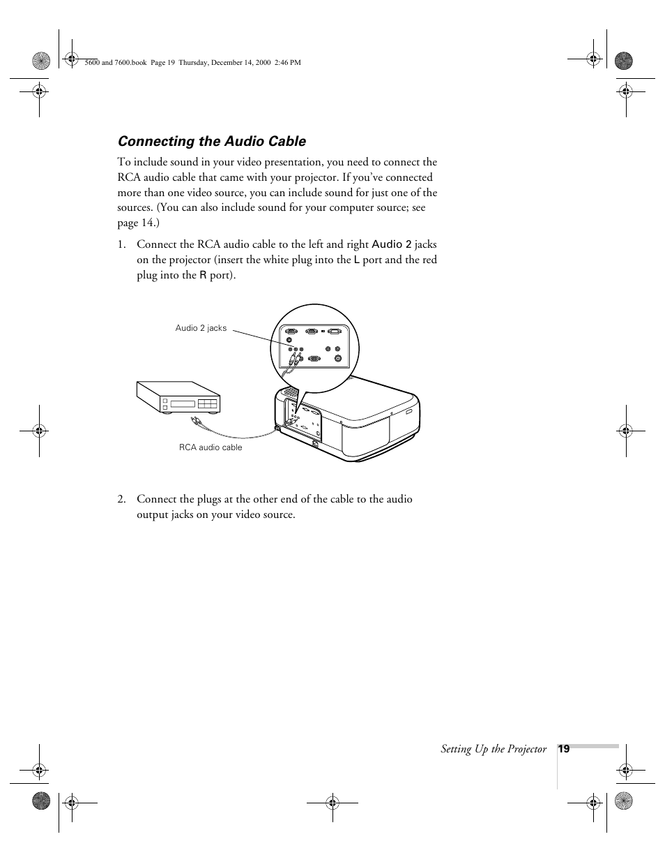 Connecting the audio cable | Epson 5600p User Manual | Page 25 / 114