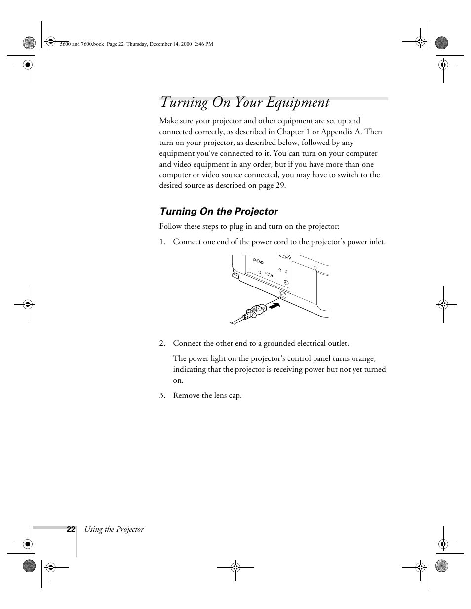 Turning on your equipment, Turning on the projector | Epson 5600p User Manual | Page 28 / 114