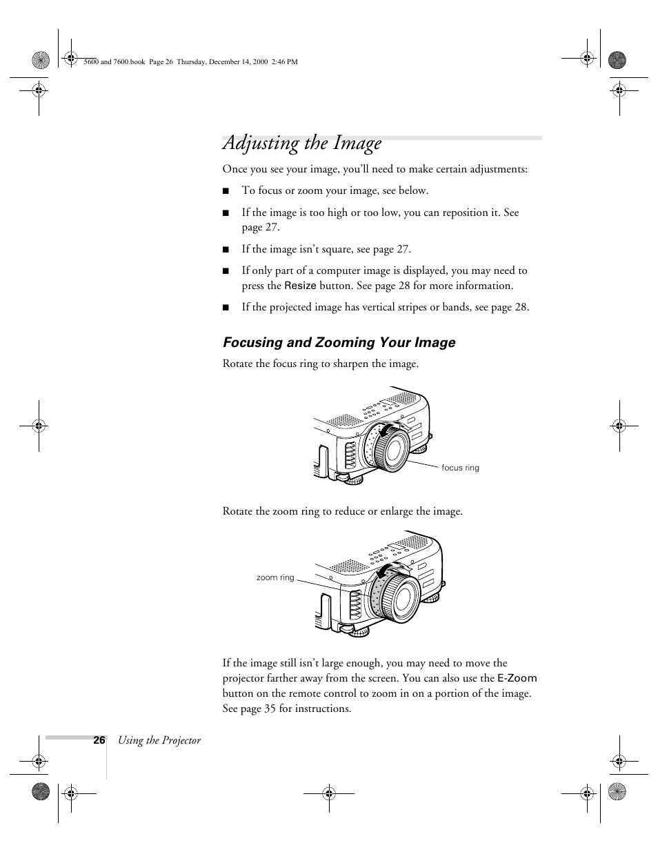 Adjusting the image, Focusing and zooming your image | Epson 5600p User Manual | Page 32 / 114