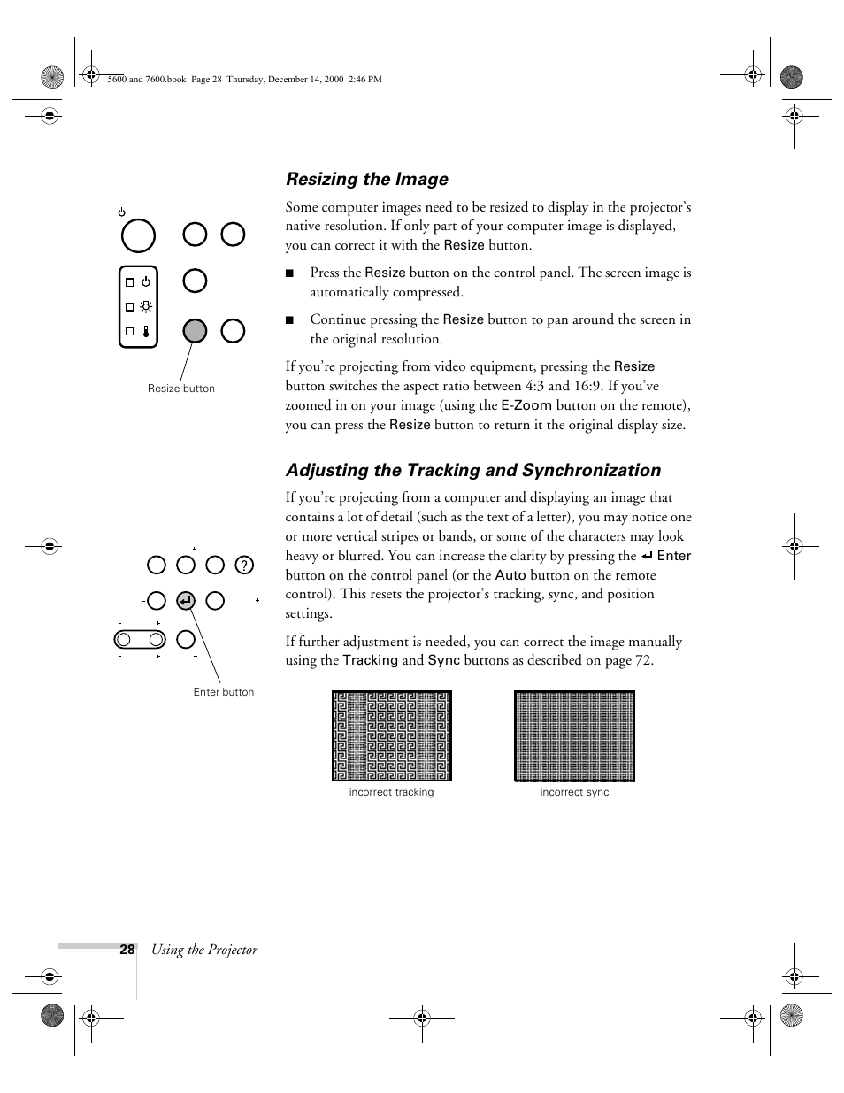 Resizing the image, Adjusting the tracking and synchronization | Epson 5600p User Manual | Page 34 / 114