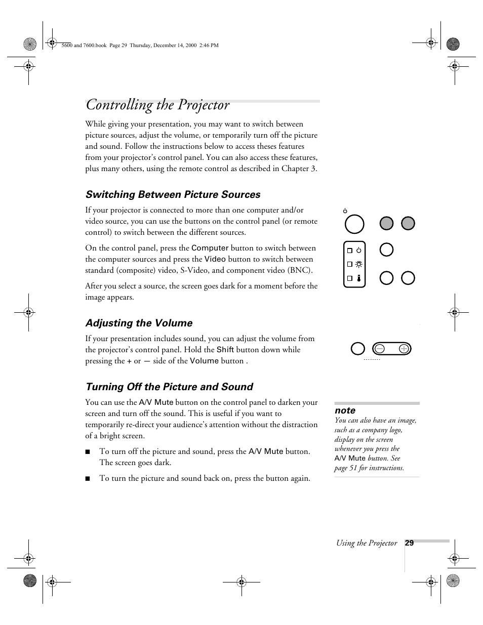 Controlling the projector, Switching between picture sources, Adjusting the volume | Turning off the picture and sound | Epson 5600p User Manual | Page 35 / 114