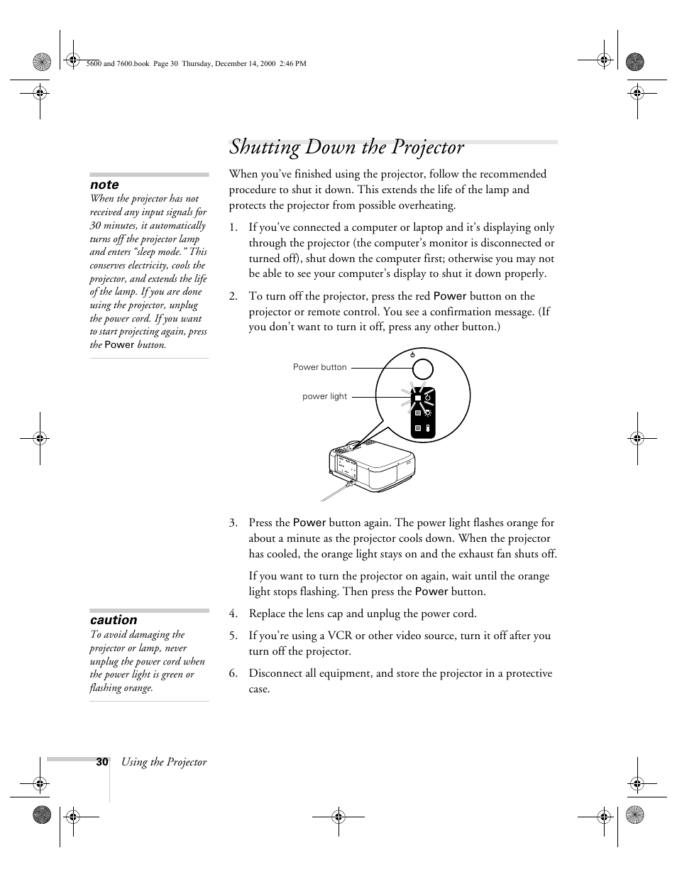 Shutting down the projector | Epson 5600p User Manual | Page 36 / 114