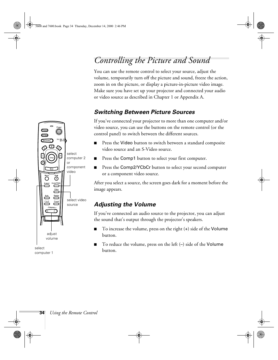 Controlling the picture and sound, Switching between picture sources, Adjusting the volume | Epson 5600p User Manual | Page 40 / 114