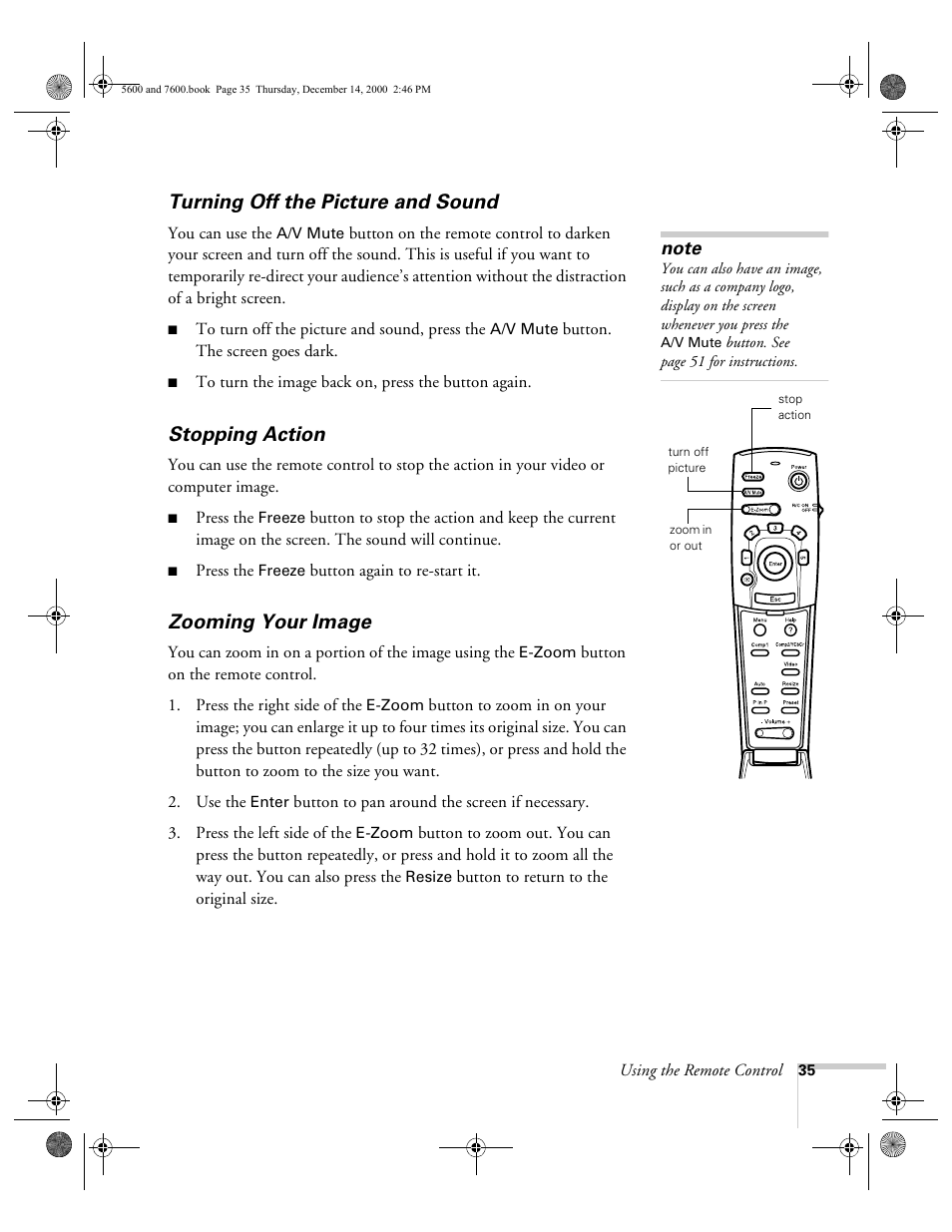 Turning off the picture and sound, Stopping action, Zooming your image | Epson 5600p User Manual | Page 41 / 114