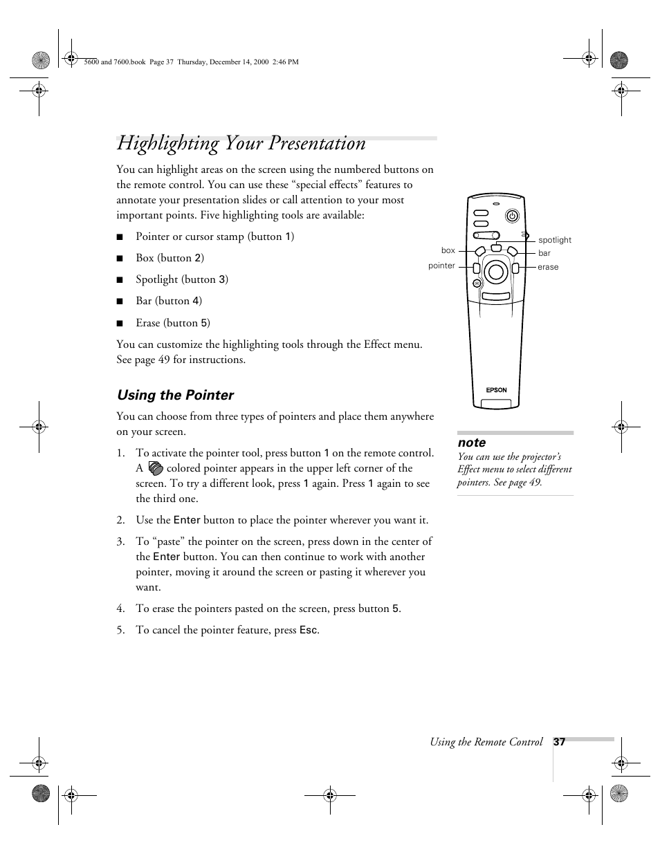 Highlighting your presentation, Using the pointer | Epson 5600p User Manual | Page 43 / 114