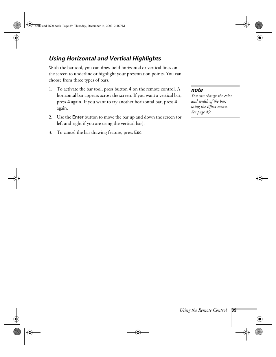 Using horizontal and vertical highlights | Epson 5600p User Manual | Page 45 / 114