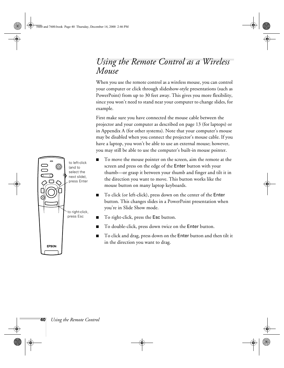 Using the remote control as a wireless mouse, Using the remote control, Button | Epson 5600p User Manual | Page 46 / 114