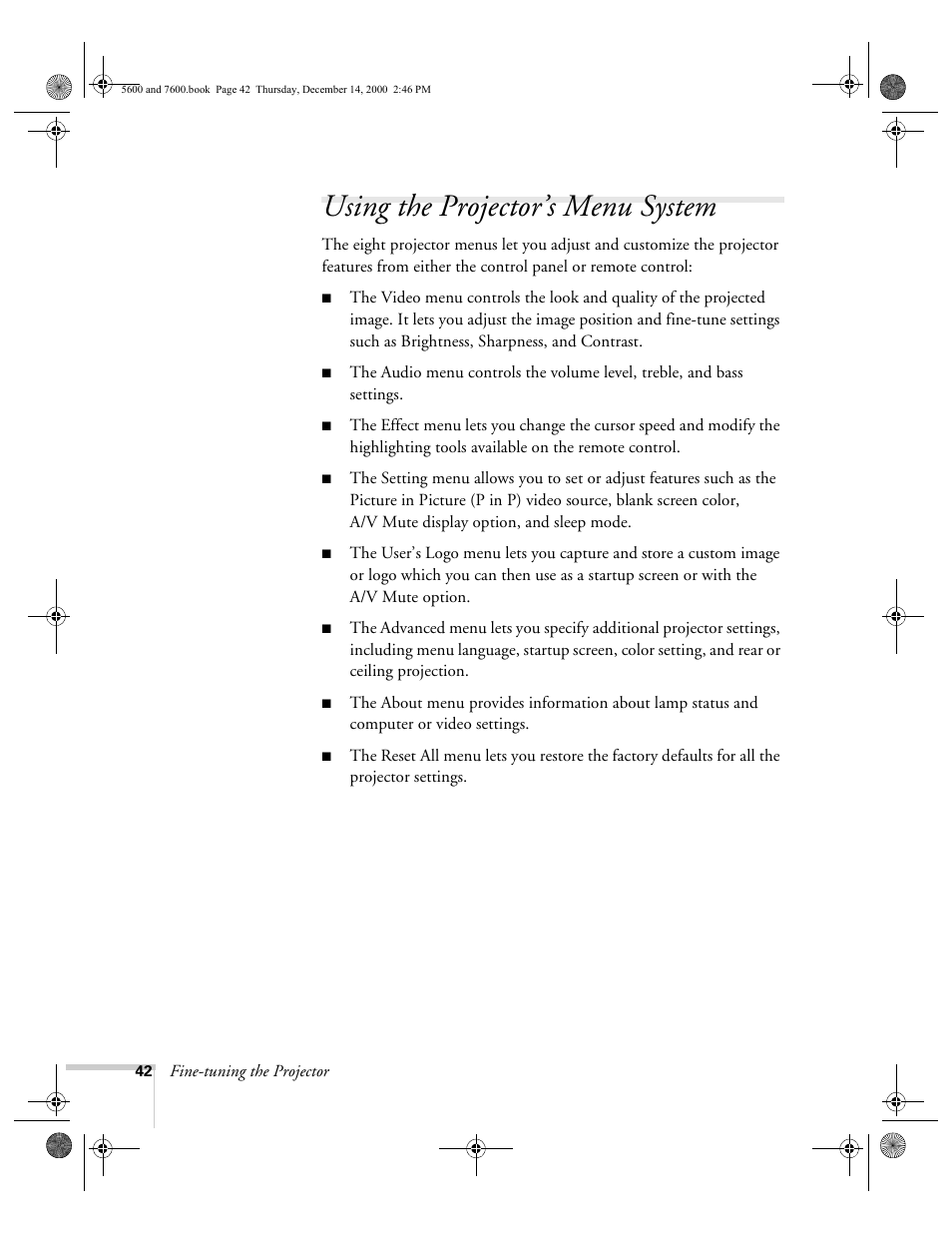 Using the projector’s menu system | Epson 5600p User Manual | Page 48 / 114