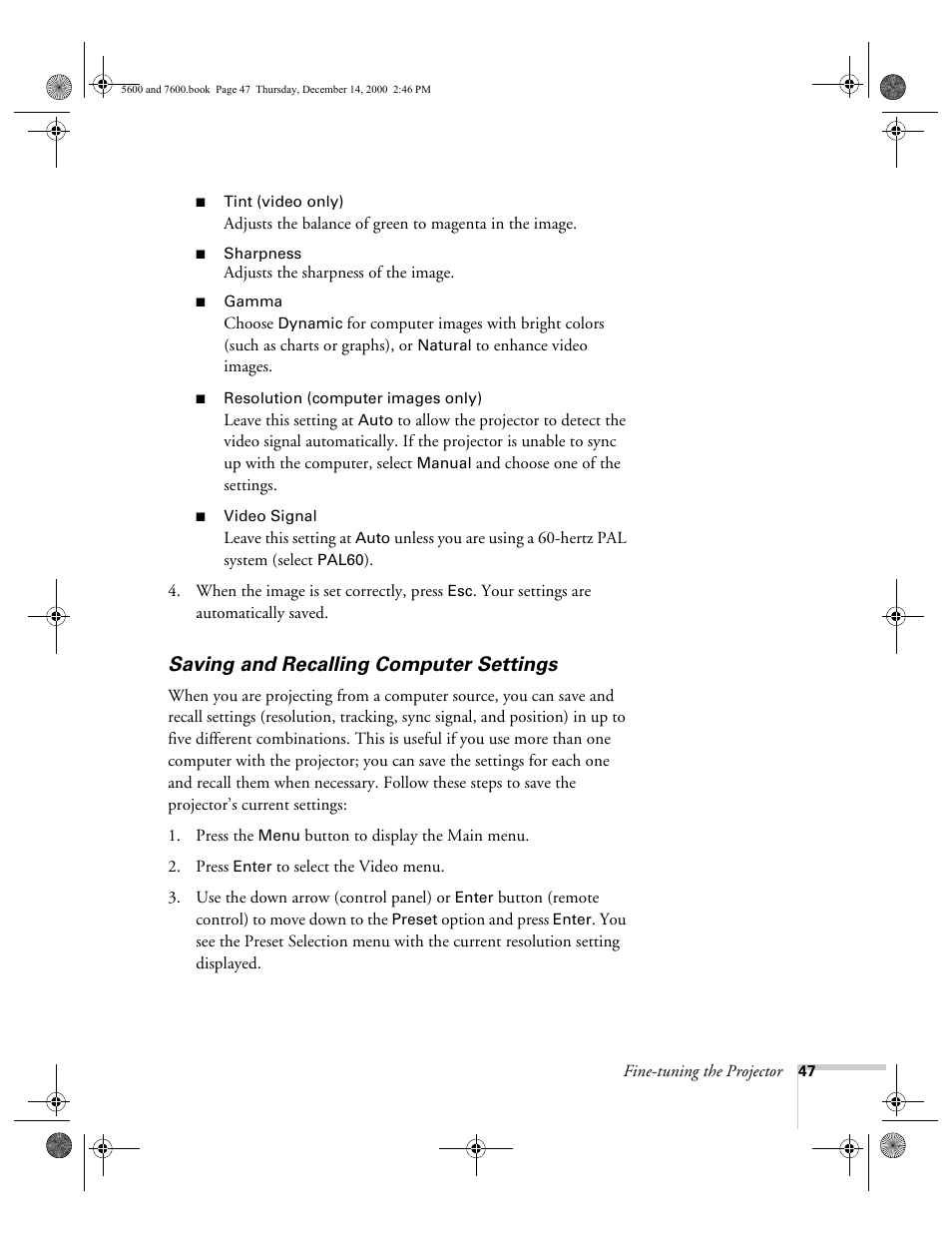 Saving and recalling computer settings | Epson 5600p User Manual | Page 53 / 114
