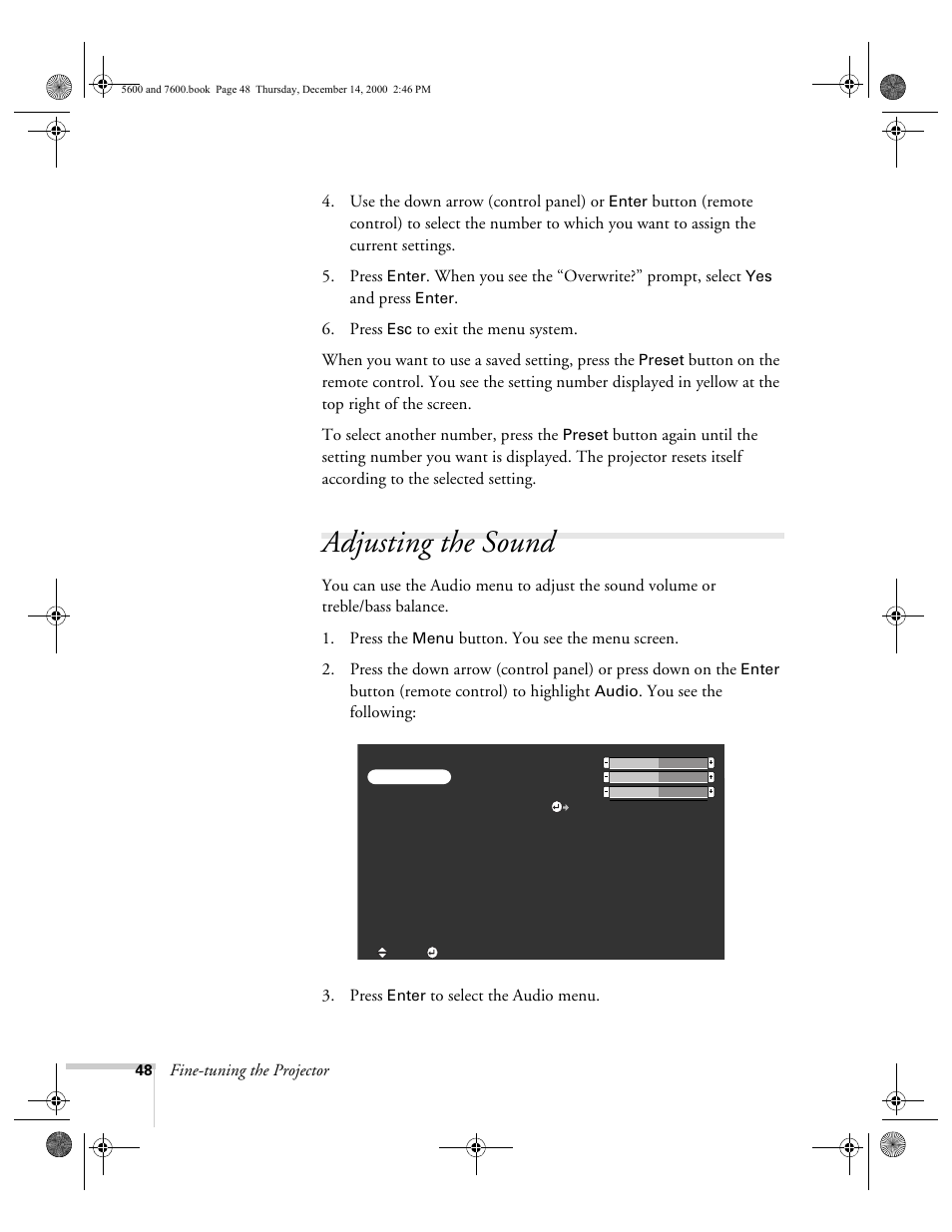 Adjusting the sound | Epson 5600p User Manual | Page 54 / 114