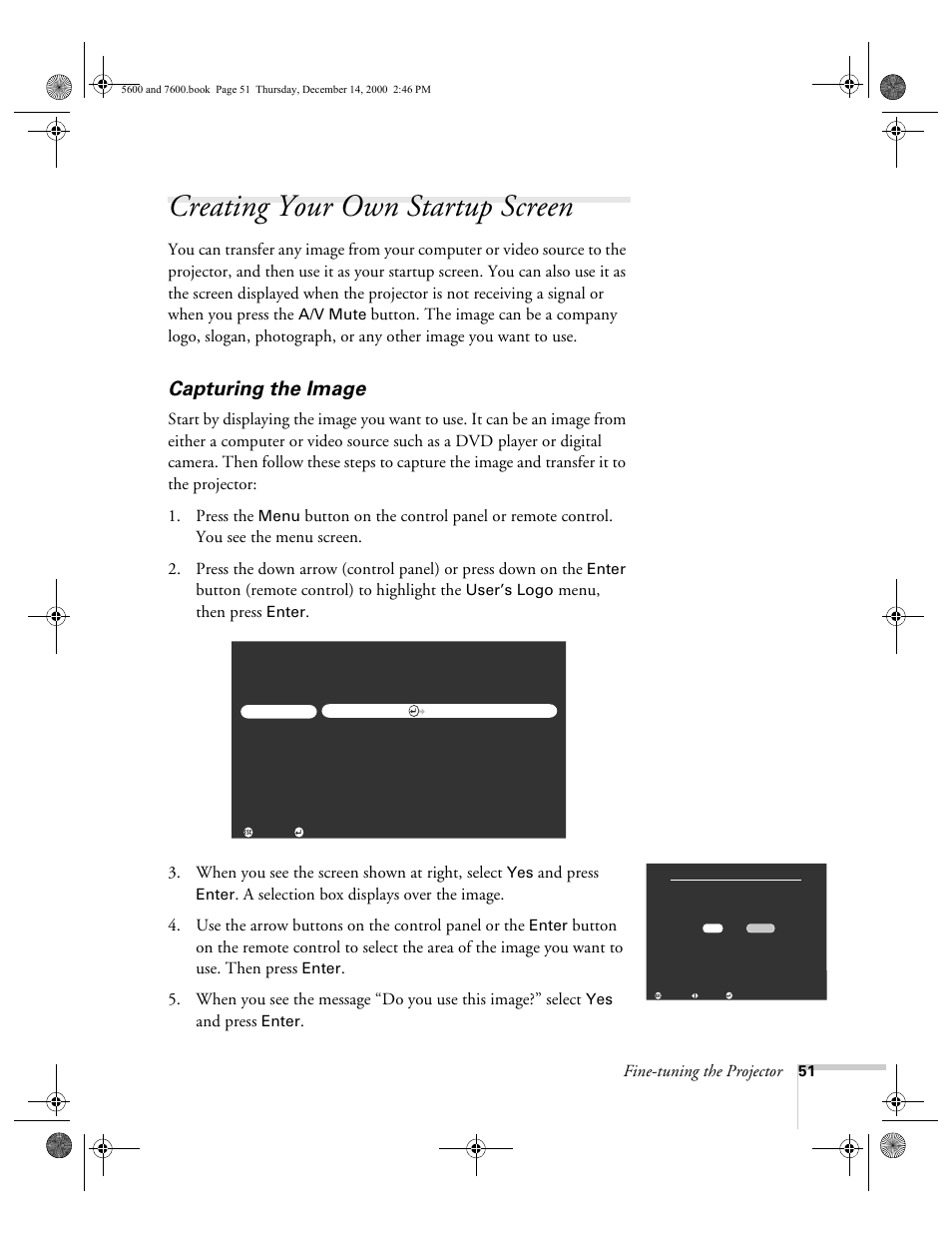 Creating your own startup screen, Capturing the image | Epson 5600p User Manual | Page 57 / 114