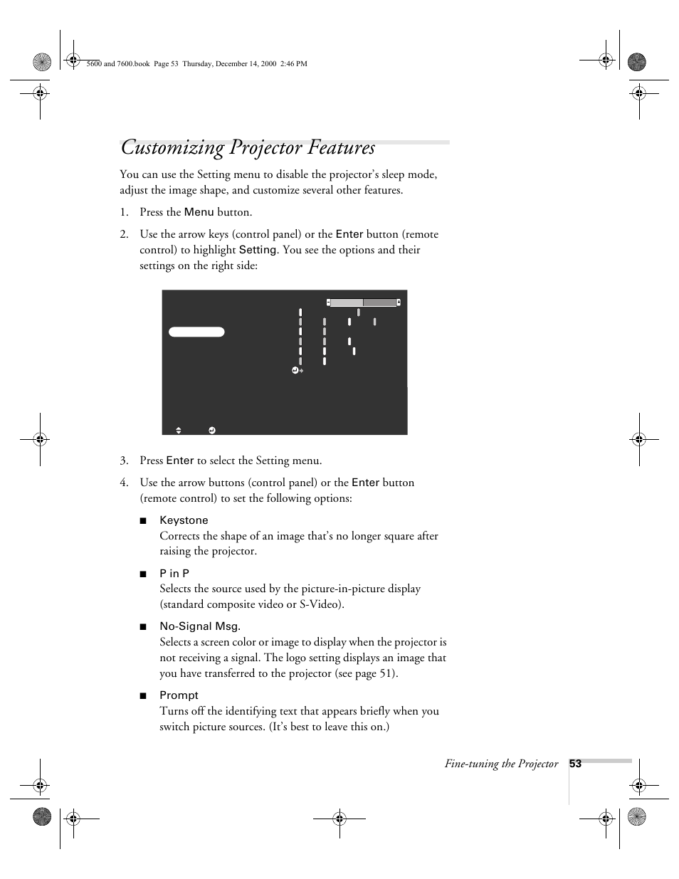 Customizing projector features | Epson 5600p User Manual | Page 59 / 114