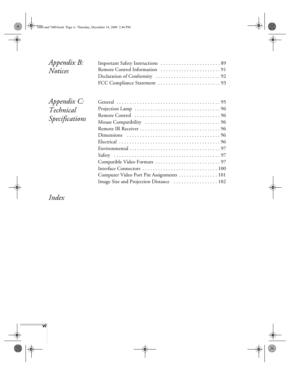 Appendix b : notices, Appendix c: technical specifications, Index | Epson 5600p User Manual | Page 6 / 114