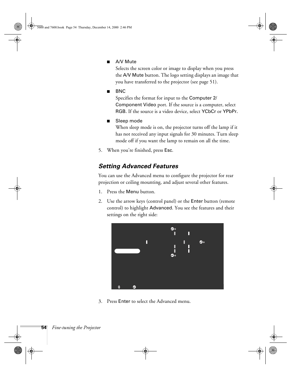 Setting advanced features | Epson 5600p User Manual | Page 60 / 114