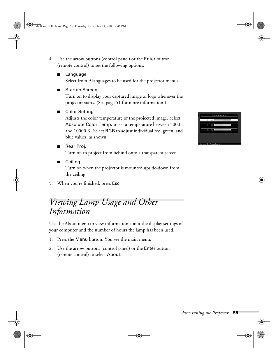 Viewing lamp usage and other information | Epson 5600p User Manual | Page 61 / 114