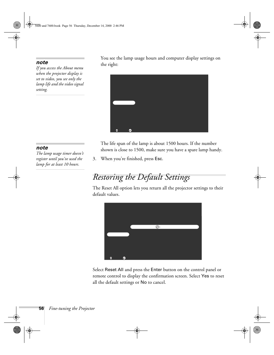 Restoring the default settings | Epson 5600p User Manual | Page 62 / 114