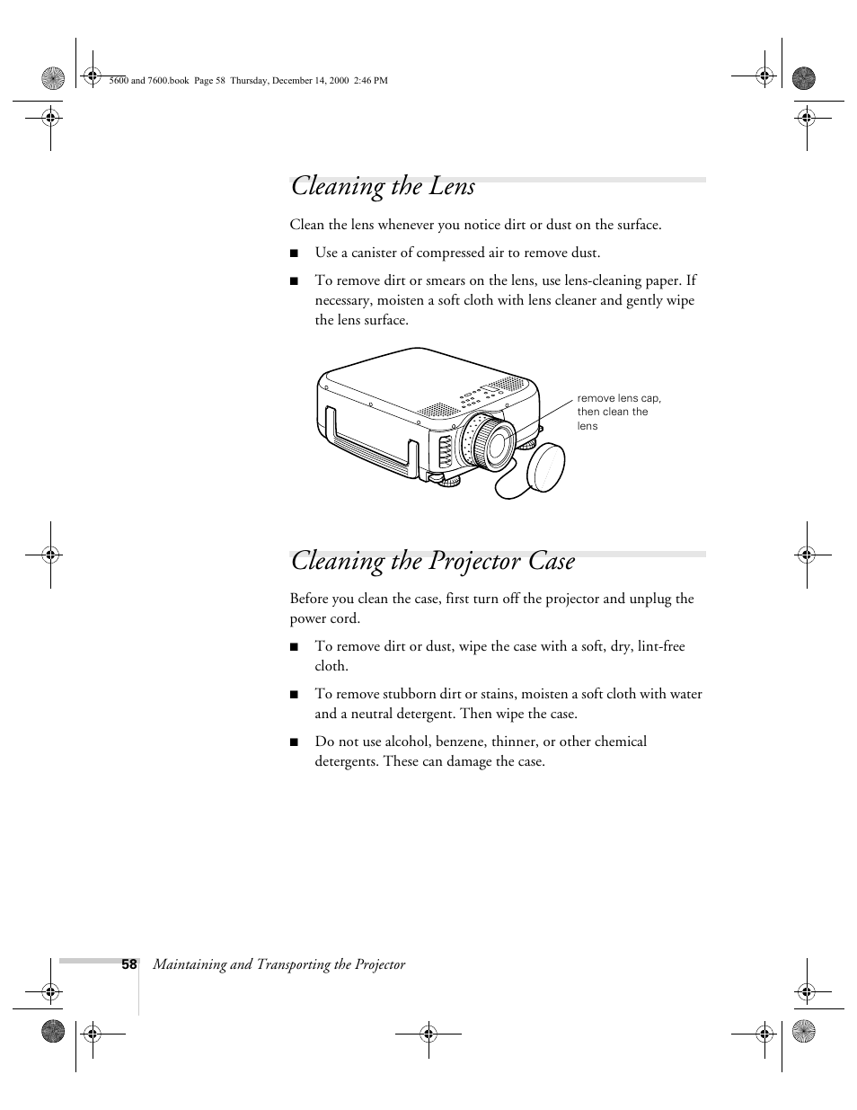 Cleaning the lens, Cleaning the projector case, Cleaning the lens cleaning the projector case | Epson 5600p User Manual | Page 64 / 114