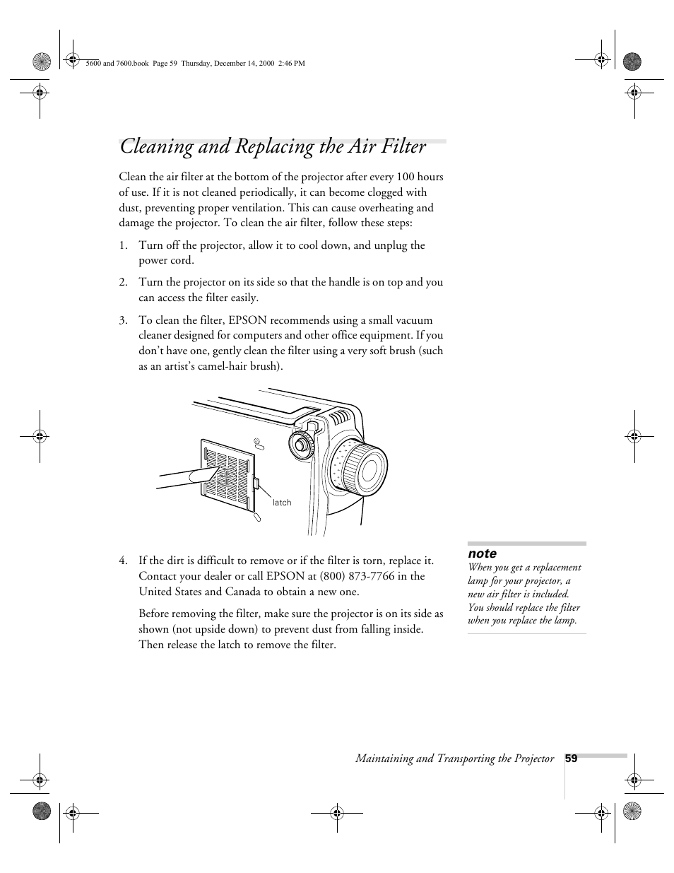 Cleaning and replacing the air filter | Epson 5600p User Manual | Page 65 / 114