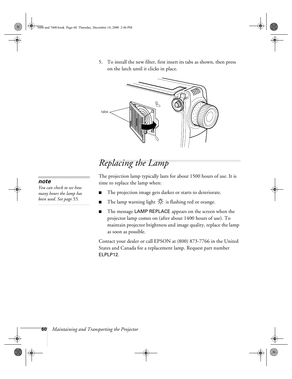 Replacing the lamp | Epson 5600p User Manual | Page 66 / 114