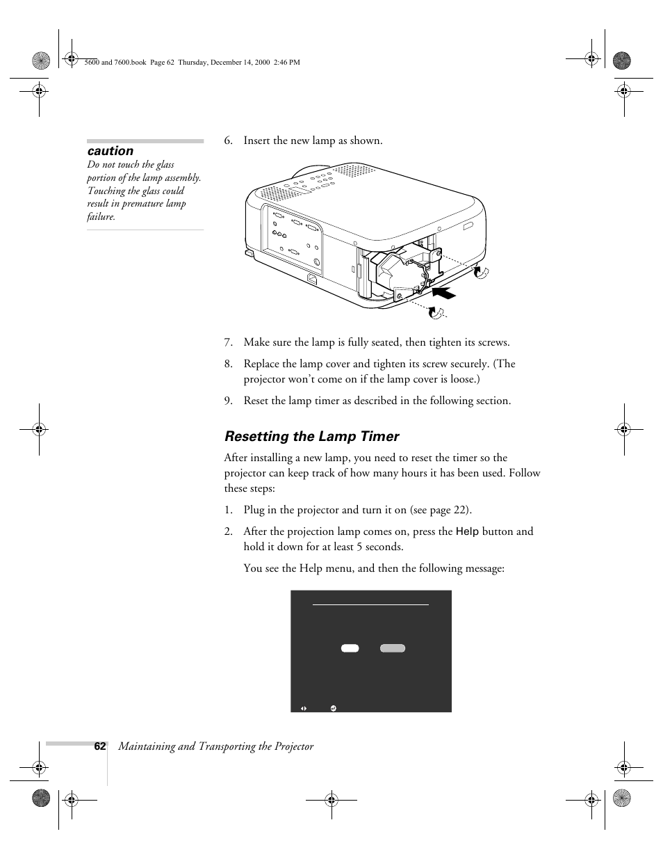Resetting the lamp timer | Epson 5600p User Manual | Page 68 / 114