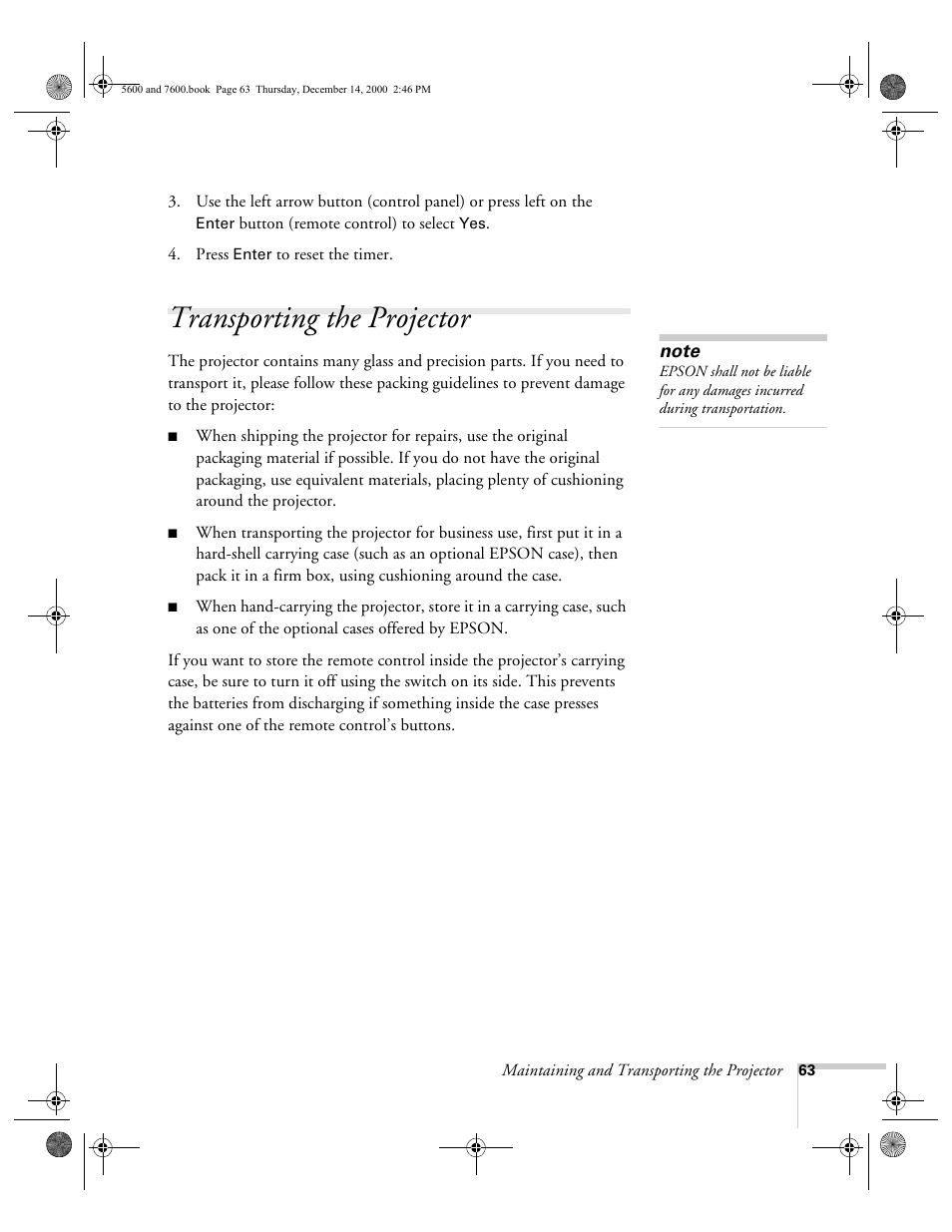 Transporting the projector | Epson 5600p User Manual | Page 69 / 114