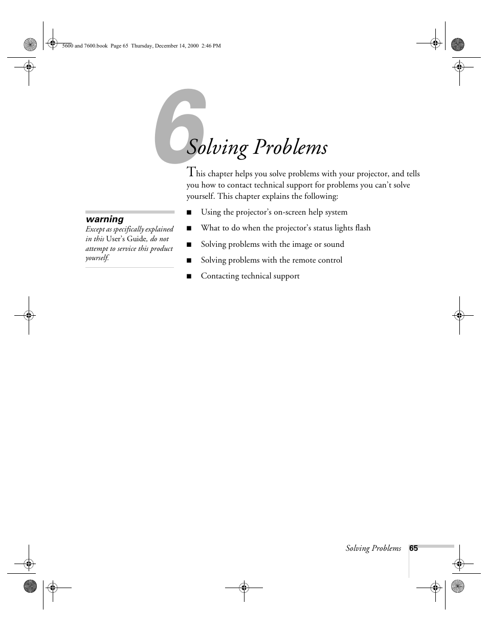 Chap 6-solving problems, Solving, Problems | Solving problems | Epson 5600p User Manual | Page 71 / 114