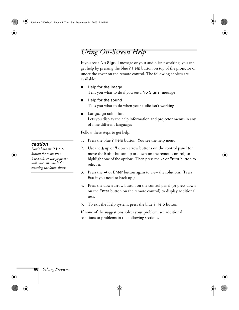 Using on-screen help | Epson 5600p User Manual | Page 72 / 114