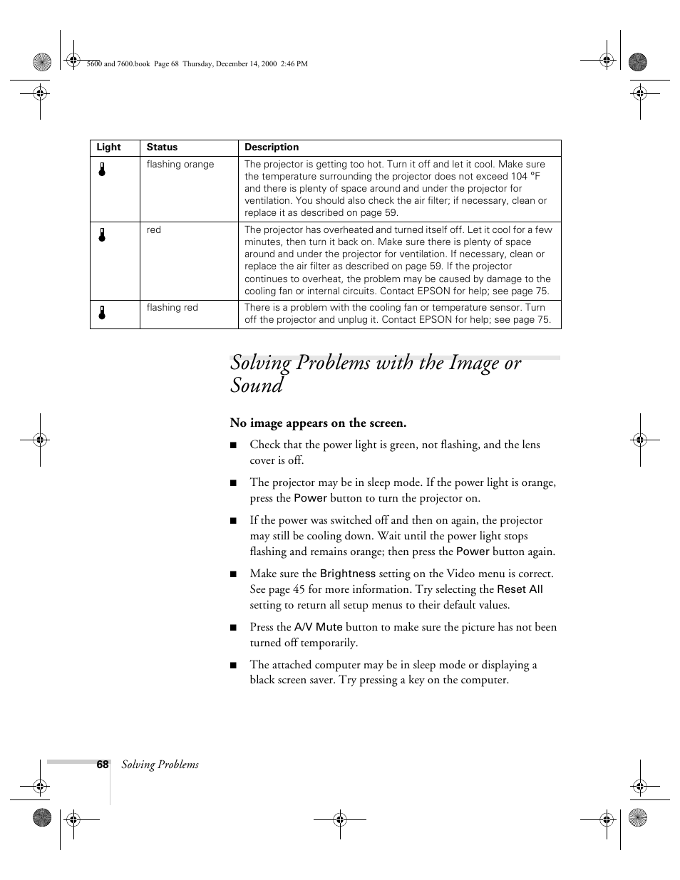 Solving problems with the image or sound | Epson 5600p User Manual | Page 74 / 114