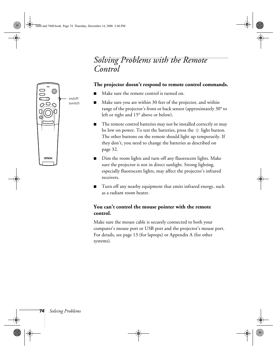 Solving problems with the remote control, Solving problems, Make sure the remote control is turned on | Epson 5600p User Manual | Page 80 / 114