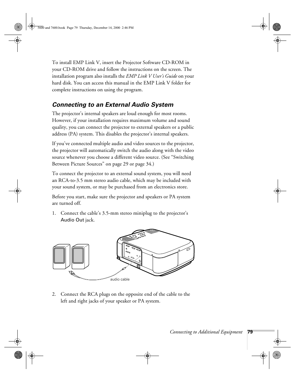 Connecting to an external audio system | Epson 5600p User Manual | Page 85 / 114