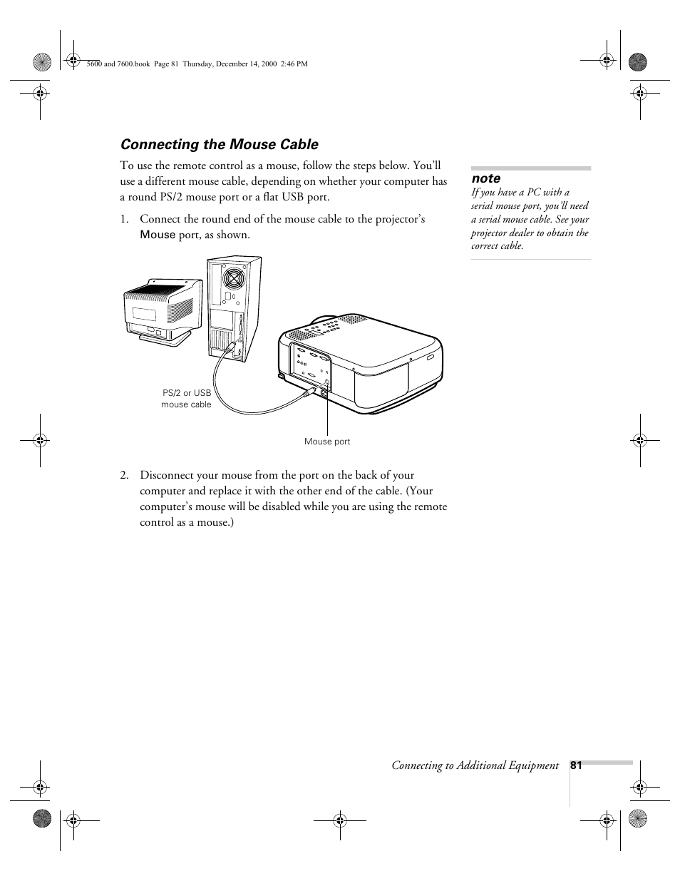 Connecting the mouse cable | Epson 5600p User Manual | Page 87 / 114