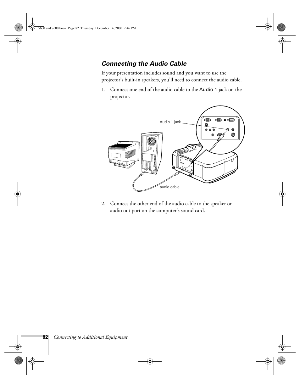 Connecting the audio cable | Epson 5600p User Manual | Page 88 / 114