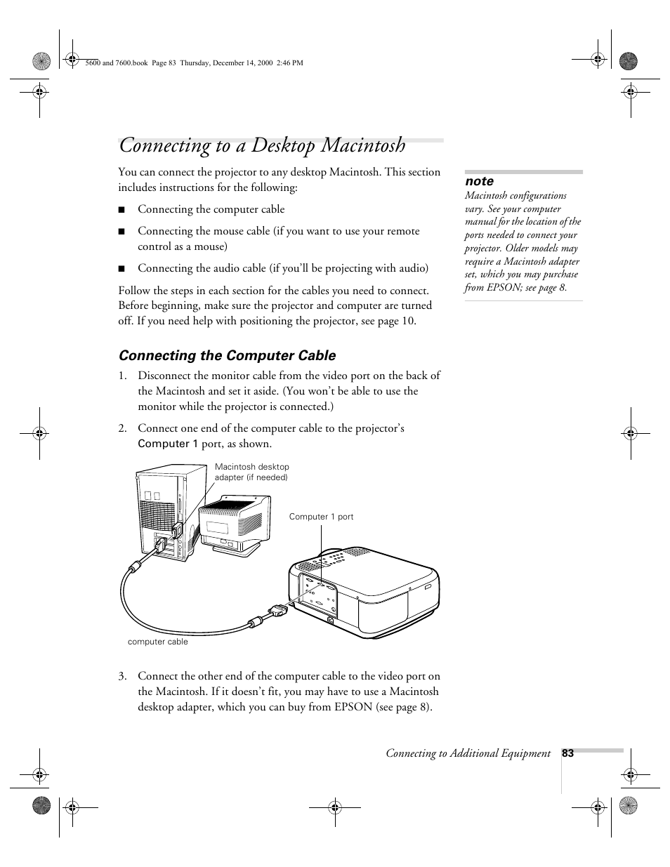 Connecting to a desktop macintosh, Connecting the computer cable | Epson 5600p User Manual | Page 89 / 114