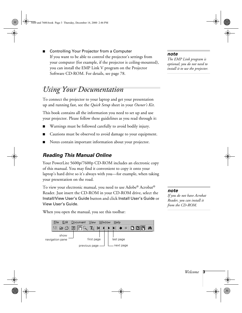 Using your documentation, Reading this manual online | Epson 5600p User Manual | Page 9 / 114