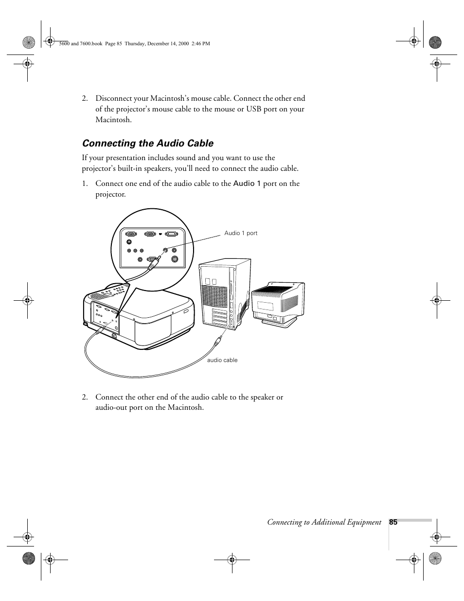 Connecting the audio cable | Epson 5600p User Manual | Page 91 / 114