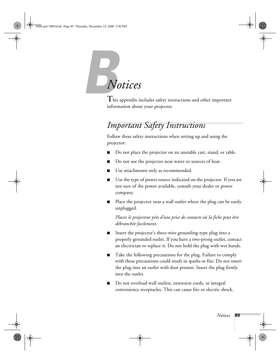 Appendix b-notices, Important safety instructions, Notices | Epson 5600p User Manual | Page 95 / 114
