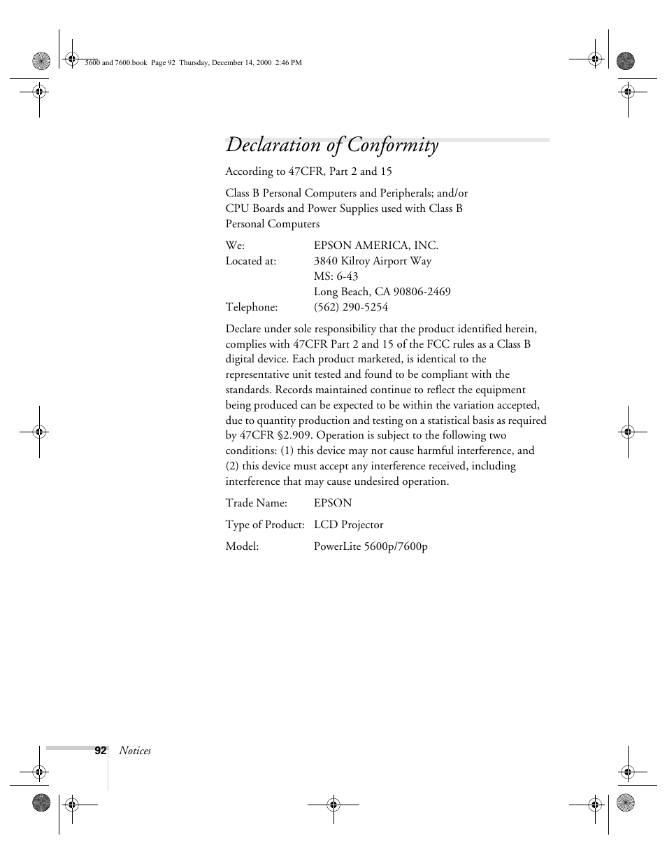 Declaration of conformity | Epson 5600p User Manual | Page 98 / 114