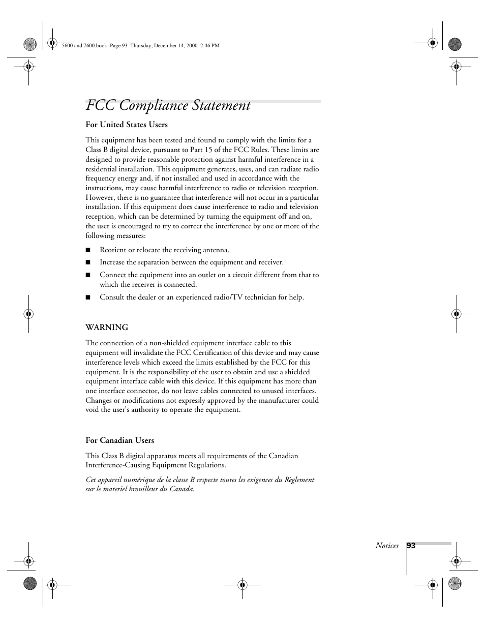 Fcc compliance statement | Epson 5600p User Manual | Page 99 / 114