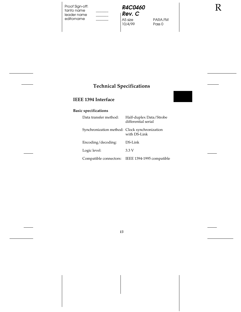 Technical specifications, Ieee 1394 interface | Epson C82372 User Manual | Page 18 / 22