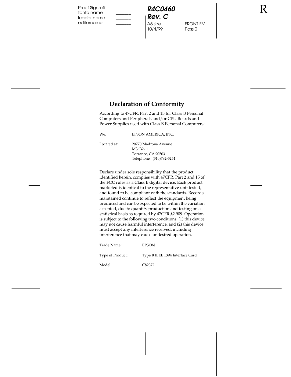 Declaration of conformity | Epson C82372 User Manual | Page 5 / 22