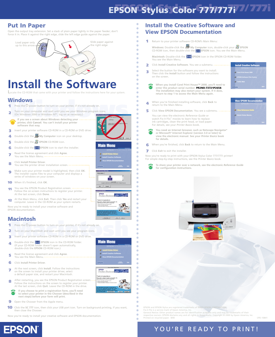 Windows, Macintosh, Install the software | Epson, Stylus, Put in paper | Epson Stylus Color 777i User Manual | Page 2 / 2
