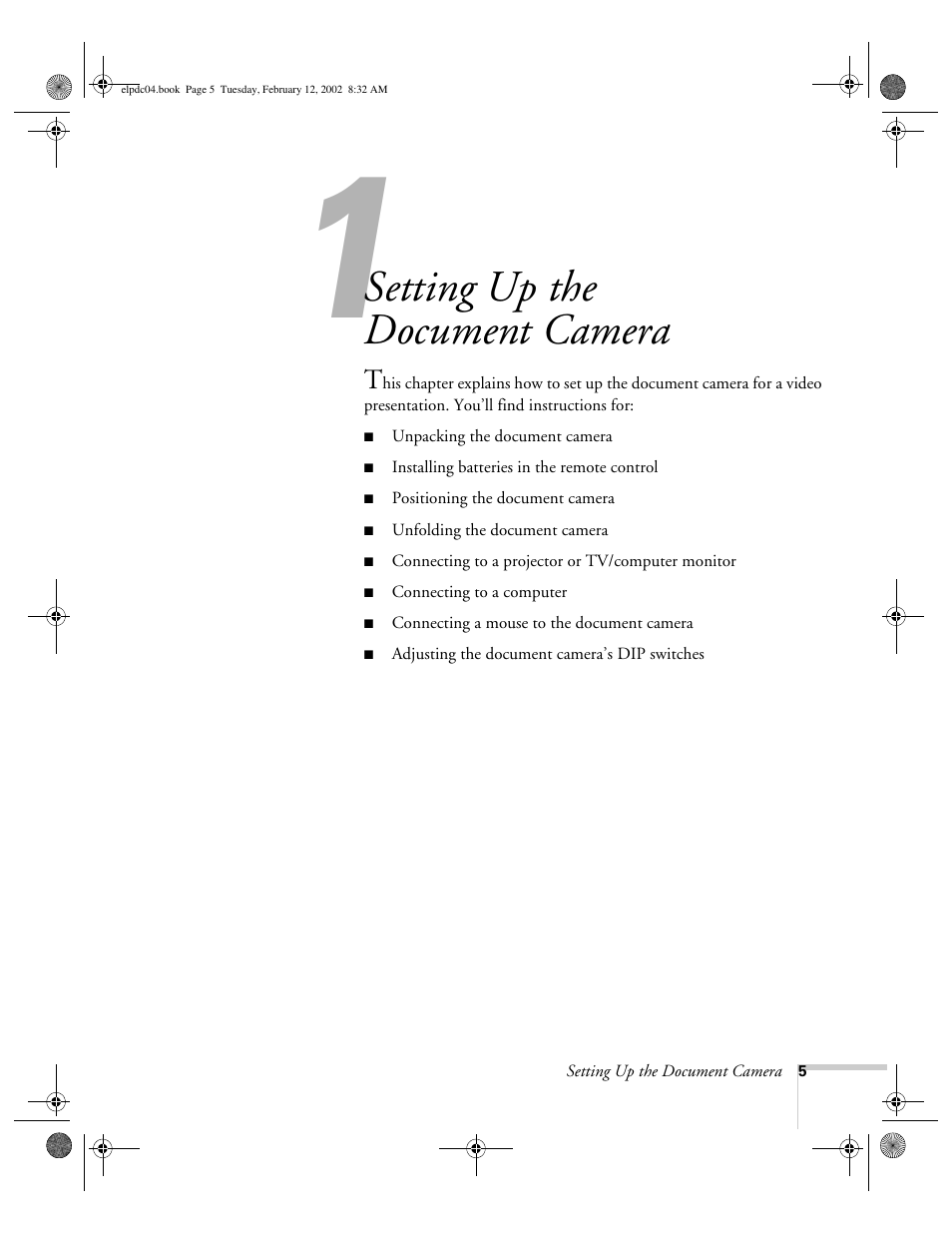 Chap 1-setting up the document camera, Setting up the document camera | Epson ELPD04 User Manual | Page 10 / 58
