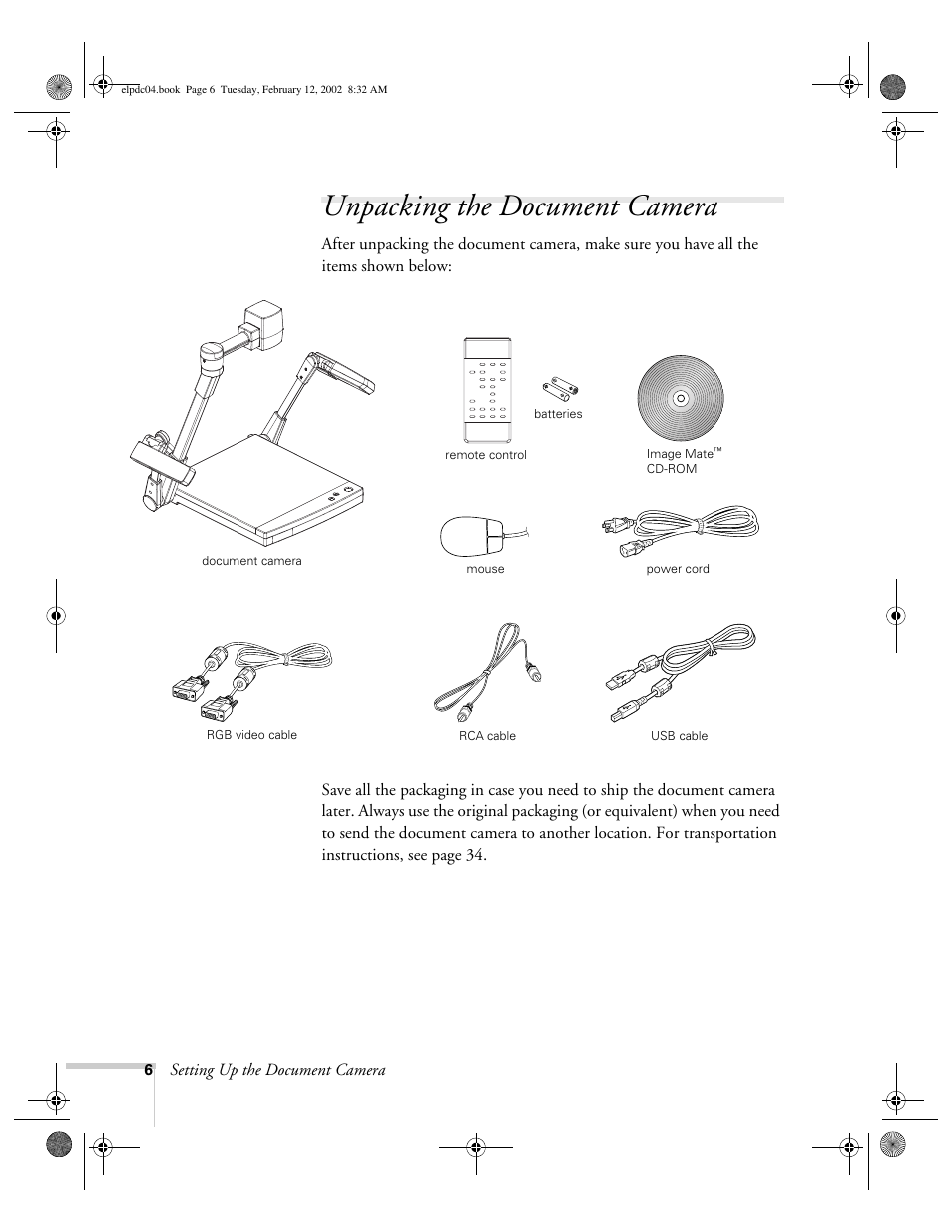 Unpacking the document camera | Epson ELPD04 User Manual | Page 11 / 58